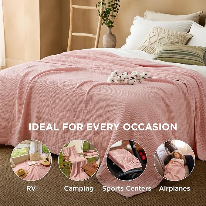 Bedsure 100% Cotton Muslin Blanket Queen Size for Bed - 4-Layer Breathable and Lightweight Thin Soft Summer Gauze Muslin Blankets for Adults, Pink, 90x90 Inches