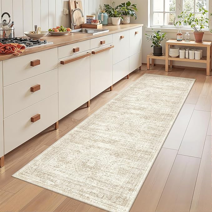 Rug Runners for Hallways Non Slip - 2x8 Runner Rug for Bedroom, Washable Runner with Rubber Backing, Soft Low-Pile Carpet for Kitchen, Laundry, Bathroom (2'x8', Beige/Ivory)