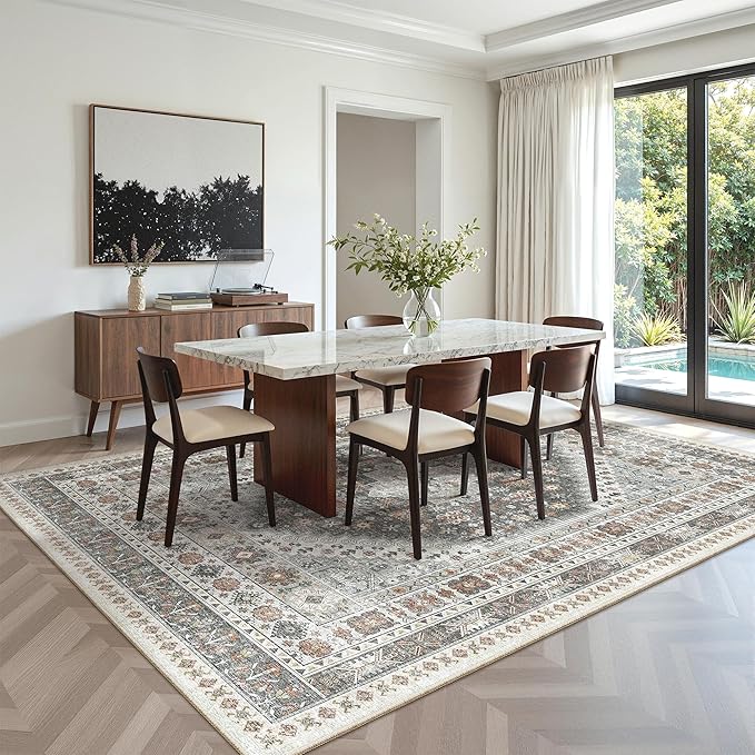 zesthome 6x9 Area Rug, Super Soft Washable Rugs for Living Room, Non-Slip Stain Resistant Vintage Rugs, Ultra-Thin Large Area Rugs (Grey/Orange,6'x9')