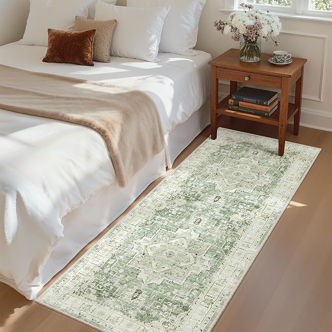 Madane Washable Runner Rug - 2x6 Rug Runners for Hallways 6 Foot Non Slip Vintage Kitchen Runner Rug Ultra-Thin Bathroom Runner Rugs Carpet Laundry Room Bedroom (2x6ft, Green/Ivory)