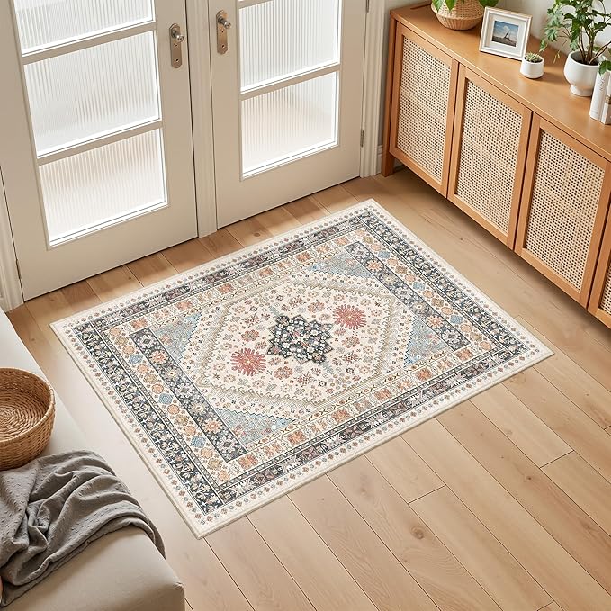 Entryway Rug - 2x3 Washable Rug Runner for Bathroom, Laundry Room, Kitchen, Soft Vintage Hallway Runner for Bedroom, Non-Slip Door Mat Indoor Entrance(Blue/Red/Multi,2'x3')