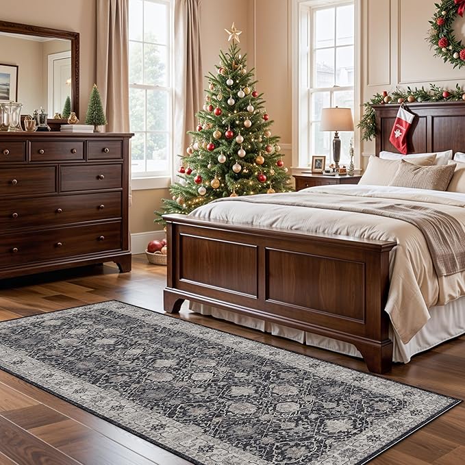 Washable 3x7 Entryway Runner Rug: Farmhouse Wide Kitchen Rug Soft Water Resistant Floor Mat for Bathroom Bedroom Nursery Non-Slip Indoor Carpet for Living Room Dining Room Hallway(3x7,Black)
