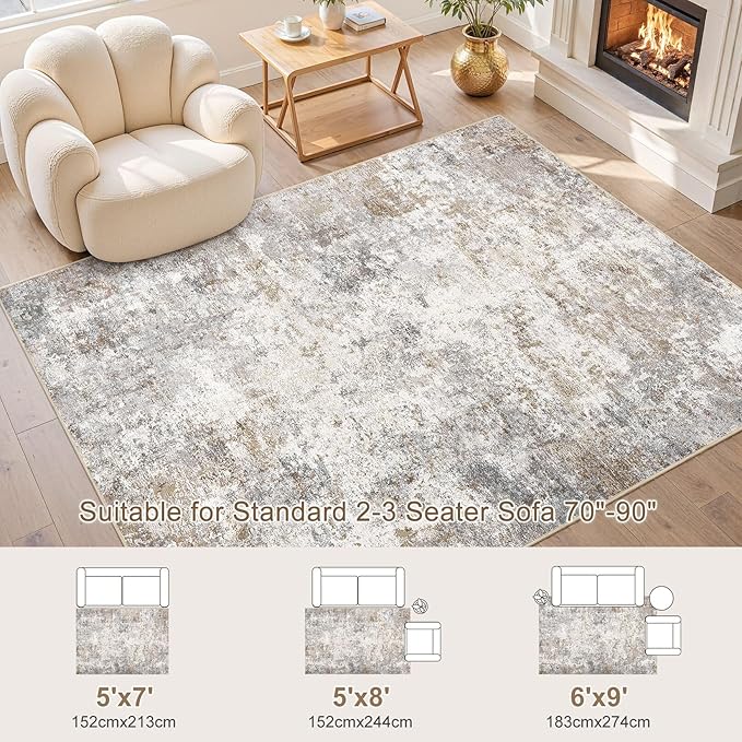5x7 Area Rug Living Room Rugs - Washable Neutral Modern Abstract Soft Thin Large Rug Indoor Floor No Slip Rug Carpet for Bedroom Under Dining Table Home Office Decor - Brown Grey