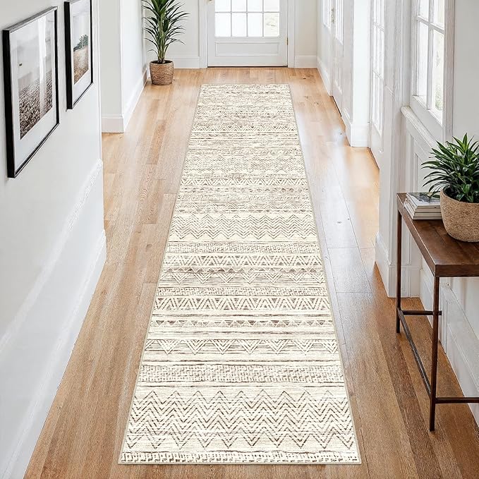 2x8 Washable Kitchen Runner Rug: Modern Moroccan Runners for Hallway Soft Non Slip Rugs with Rubber Backing Low Pile Thin Waterproof Floor Carpet for Entryway Bedroom Bathroom Indoor 2x8 Beige
