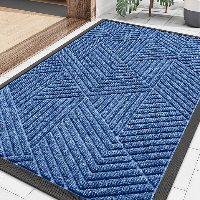 Smiry Front Door Mat Outside Entrance, Heavy Duty Sturdy Natural Rubber Doormat, Trap Dirt and Moisture, Easy Clean Low Profile Welcome Floor Mats for Indoor Outdoor Entry, 35X23 Inch, Blue