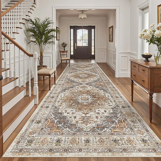 Madane 4x12 Wide Hallway Runners: Washable 12ft Runner Rug for Entryway Living Room Soft Vintage Non Slip Carpet Runner for Kitchen Dining Room Nursery Bedroom Thin Area Rug (Turmeric/Grey, 4x12ft)