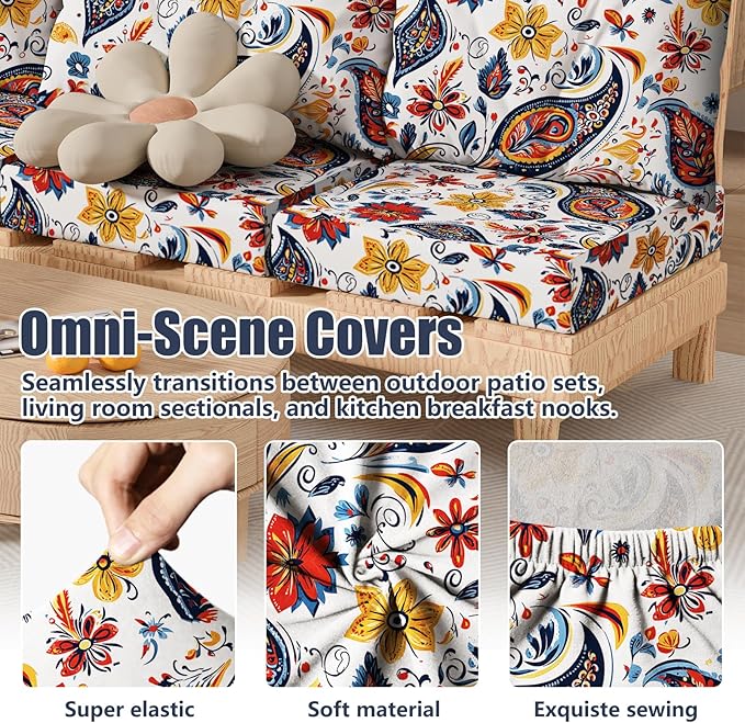 8Pcs Stretch Patio Cushion Covers, Outdoor Couch & Sofa Replacement Slipcovers for Patio Furniture Cushion Covers, Washable Reusable Furniture Protector