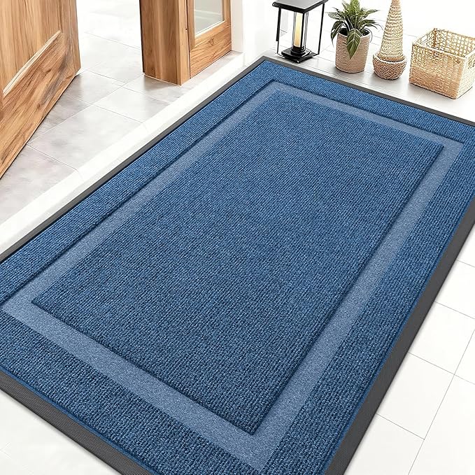 OLANLY Front Door Mat Indoor Outdoor Entrance, Waterproof All-Season, All-Weather Doormat, Sturdy Natural Rubber, Fade Resistant, Low Profile, Easy Clean Patio Porch Entryway Mat, 47x32, Light Blue