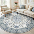 Area Rugs 6ft Washable Non-Slip, Floral Vintage Distress Print Pattern Medallion Carpet for Living Room Bedroom Dining Room, Light Blue Navy Beige Gray White