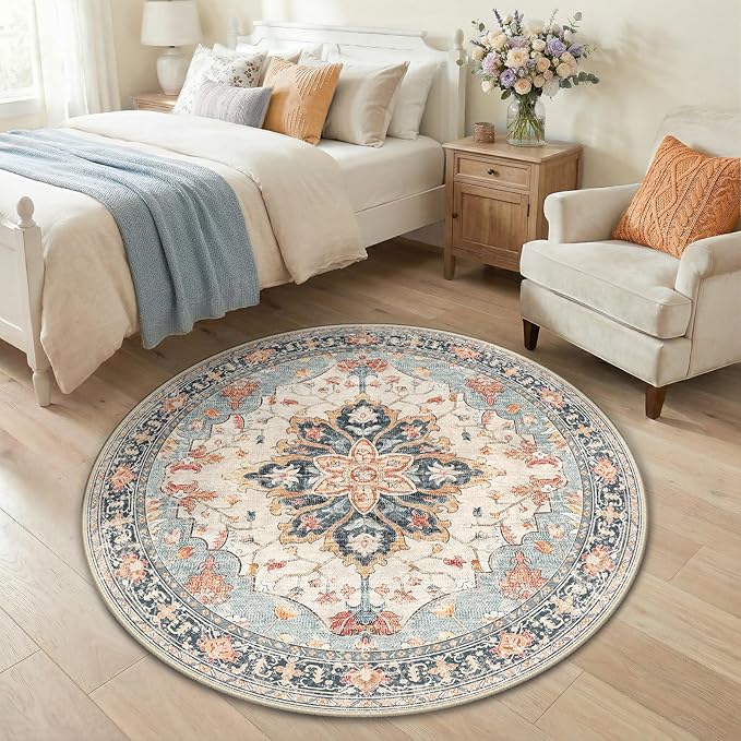 Area Rugs 4ft Washable Non-Slip, Floral Vintage Distress Print Pattern Medallion Carpet for Living Room Bedroom Dining Room, Beige Navy Blue Orange Colorful