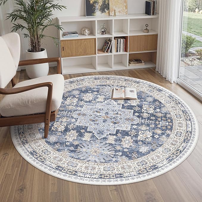zesthome Washable Round Rug - 5ft Ultra-Thin Circle Area Rugs, Vintage Non-Slip Low Pile Rug for Living Room, Stain Resistant Rug for Bedroom, Entryway, Kitchen, Nursery