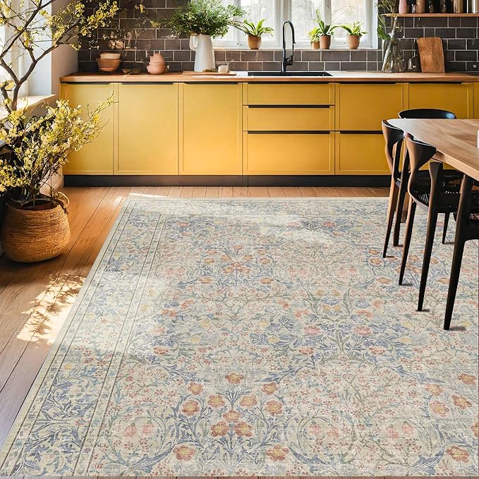 Hazo Haus Washable Dining Room Rugs, 7x9 Area Rug for Living Room, Bedroom, Kids Playroom, Low Pile Non-Slip Lightweight & Stain Resistance - Light Beige Blue Oriental Vintage Design