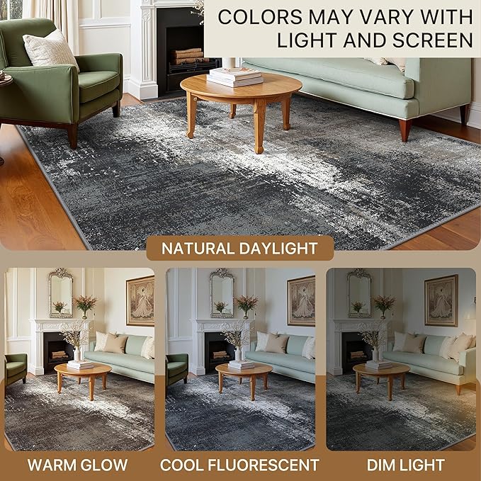 Area Rugs 8x10 for Living Room Bedroom, Modern Abstract Machine Washable Rug, Large Soft Low Pile Floor Carpet with Non Slip Backing for Dining Room, Black