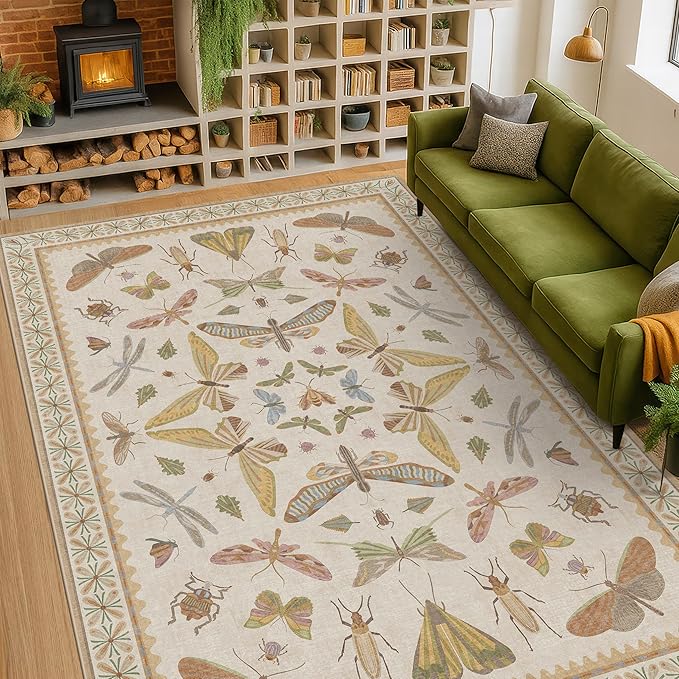Hazo Haus Beige Dining Table Rug - 6x9 Area Rugs for Bedroom, Living Room, Cute Kids Room, Large Fun Insect Butterfly Vintage Non-Slip Décor, Low Pile Stain Resistant