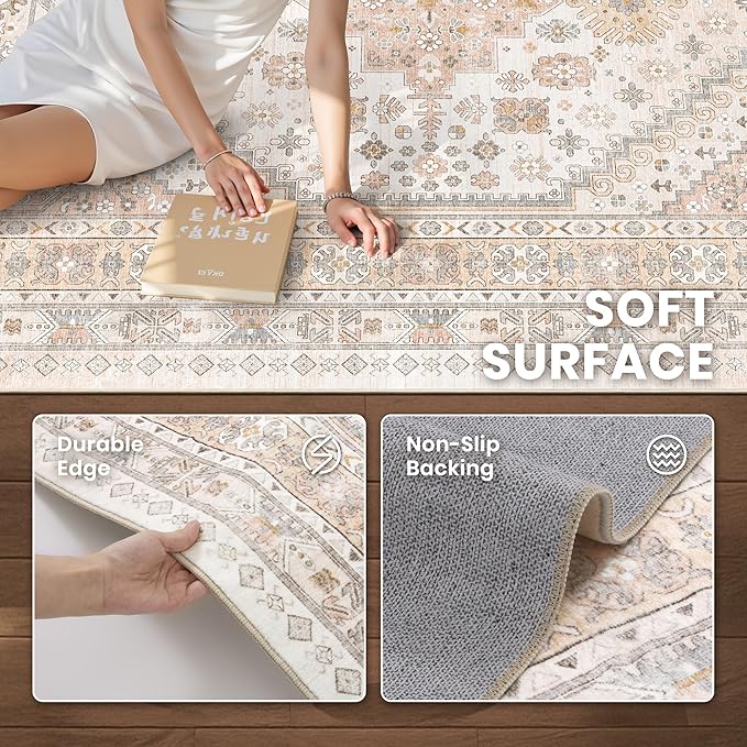 zesthome 8x10 Area Rugs for Living Room,Non-Slip Backing Washable Rugs,Vintage Large Area Rug，Stain Resistant Home Decor Rug
