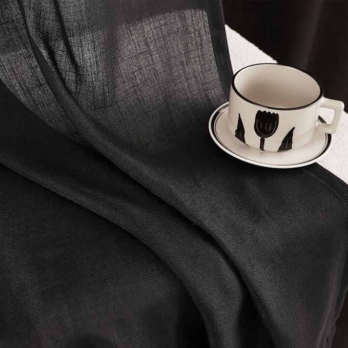 Black Linen Curtains 102 inches Long for Bedroom Back Tab Light Filtering Privacy Semi Sheer Black Curtains Living Room Boho Rustic Farmhouse Cotton Textured Gauze Curtain 2 Panel Set