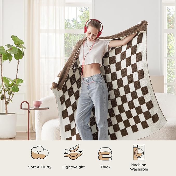 Bedsure GentleSoft Checkered Throw Blanket for Couch - Super Soft Cozy & Warm Knit Brown Blanket, Breathable, Lightweight & Fluffy Plaid Blankets for Bed,Sofa, Gifts for Women Men, 50x60 Inches