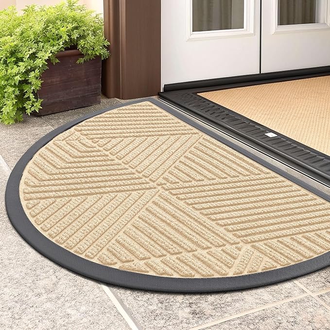 Smiry Half Circle Front Door Mat Outside Entrance, Heavy Duty Sturdy Natural Rubber Doormat, Trap Dirt and Moisture, Low Profile Mats for Indoor Outdoor Entry, Irregular Triangle (29.5x17, Beige)