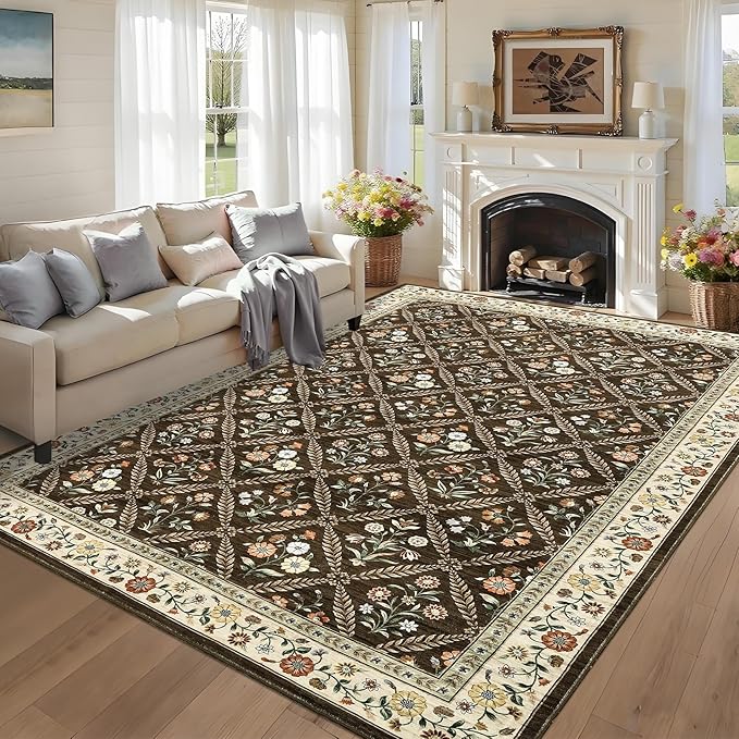 6x9 Machine Washable Area Rugs for Living Room Floral Stain Resistant Soft Carpet Vintage Low Pile Non Slip Non-Shedding Floor Carpet Rugs for Bedroom Nursery Brown