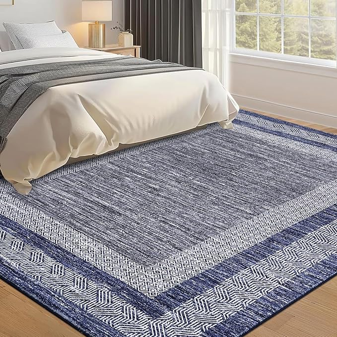 GarveeHome Modern Geometric Area Rug 4x6 Distressed Bordered Washable Non Slip Floor Carpet Non Shedding Thin Soft Low Pile Contemporary Navy Blue Rug for Dining Room, Living Room