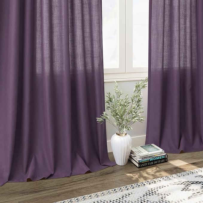 Nanspring Plum Linen Curtains 84 Inch Length 2 Panels Set for Living Room Rod Pocket Back Tab Light Filtering Window Drapes for Bedroom Dining Room Protect Privacy Country Farmhouse Decor 52x84