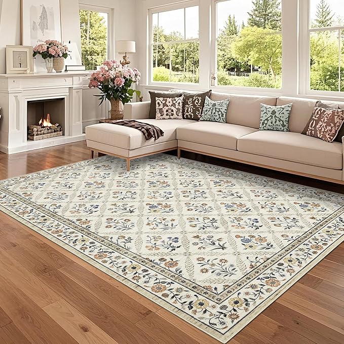 6x9 Machine Washable Area Rugs for Living Room Floral Stain Resistant Soft Carpet Vintage Low Pile Non Slip Non-Shedding Floor Carpet Rugs for Bedroom Nursery Beige
