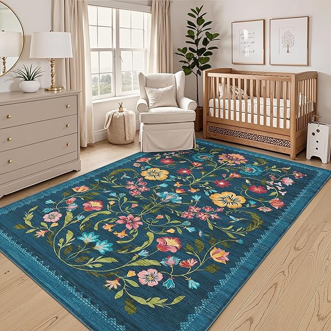 GarveeHome Washable Rug 3x5 Area Rugs for Living Room, Floral Rug for Bedroom, Soft Boho Non Slip Throw Rugs with Rubber Back, Low Pile Stain Resistant Vintage Floral Carpet for Dining Room, Blue