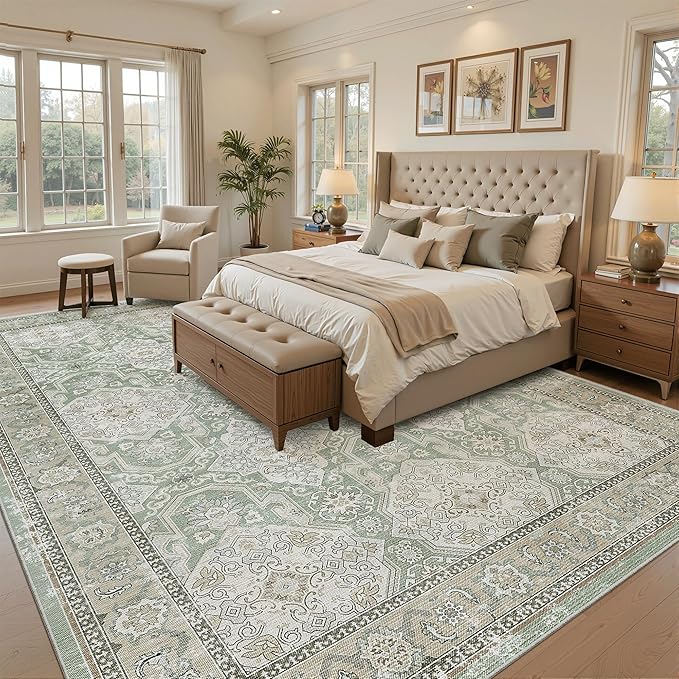 8x10 Area Rugs, Washable Rugs, Large Stain Resistant Area Rug for Living Room Bedroom Dining Room, Vintage Farmhouse Rug Green
