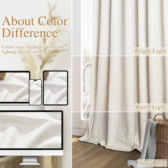 Beige White 100% Blackout Linen Curtains 90 Inch Length 2 Panels Set for Living Room Bedroom Back Tab Thermal Insulated Black Out Drapes Room Darkening Farmhouse Style for Bedroom Window Curtains