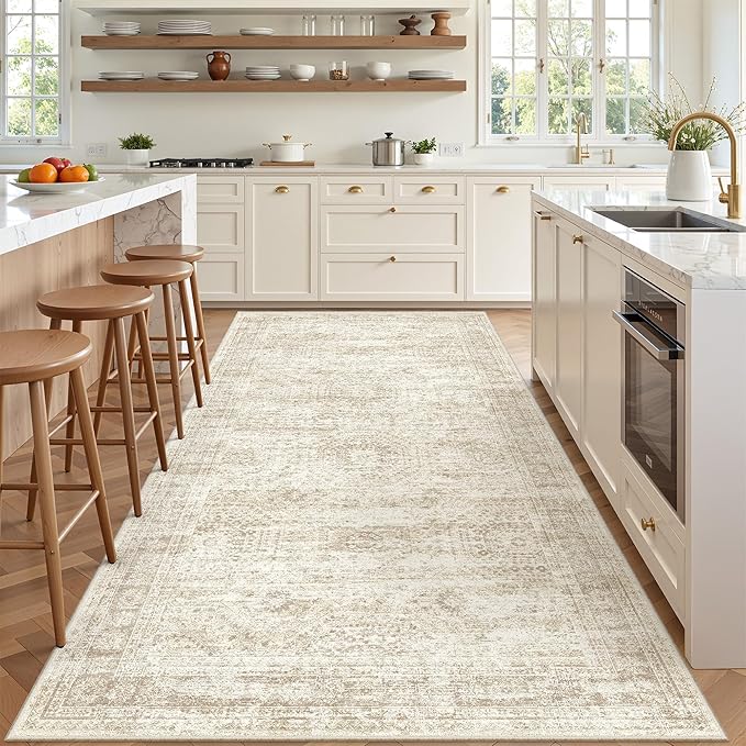 4x8 Rug for Bedroom,Wide Runner Rug for Hallway, Non Slip Washable Runner Rug for Living Room, Low Pile Soft Entryway Kitchen Rug, Modern Home Decor Mat for Dining Room(4'x8', Beige/Ivory)