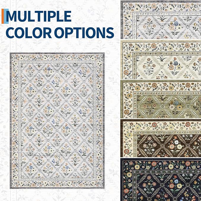 Washable Kitchen Rugs Non Slip 2x6 Hallway Runner Rug Stain Resistant Low Pile Floral Floor Rug with Rubber Backing Non Shedding Runners for Indoor Entryway Bedside Bedroom Farmhouse RV Grey Beige