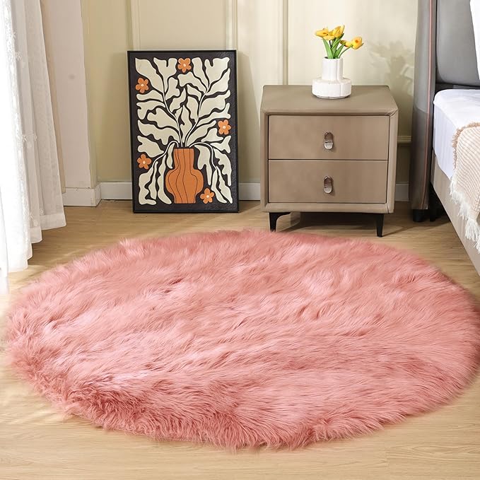 ORINOVA Round Rug 3ft Pink Small Fluffy Rug for Living Room Washable Shaggy Area Rugs for Bedroom Cute Room Circle Nursery Rug
