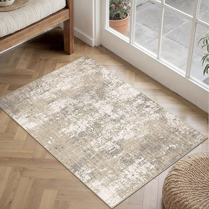 PureCozy Beige Area Rug 2x3 Machine Washable Modern Abstract Entryway Carpet Non Slip Neutral Door Mat Low Pile Soft Non Shedding Contemporary Throw Rug for Bathroom Laundry Kitchen Dining Room