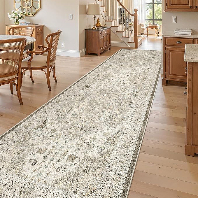 Madane Hallway Rug 3x10, Kitchen Rugs Washable Entryway Rug Vintage Kitchen Runners Non Slip Indoor Area Rug Farmhouse Carpet Runner for Bathroom Living Room Bedroom, Ivory/Brown