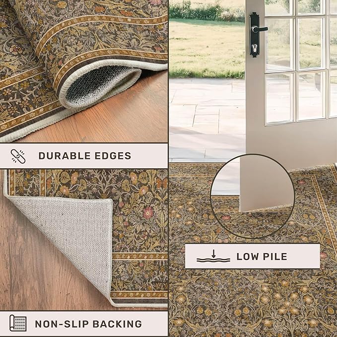 Brown 2'6" x 10' Hallway Runner Rug Non Slip - Washable Kitchen Rug Stain Resistant, 10ft Extra Long Thin Entryway Indoor Mats, Soft Boho Vintage Gold Brown Floral Indoor Carpet Runner Décor Low Pile