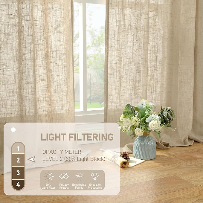 LAMIT Faux Linen Curtains 63 inches Long for Bedroom, Back Tab and Rod Pocket Linen Drapes Light Filtering Semi Sheer Curtains for Small Window/Farmhouse, 2 Panels (52 x 63 Inch, Brown)