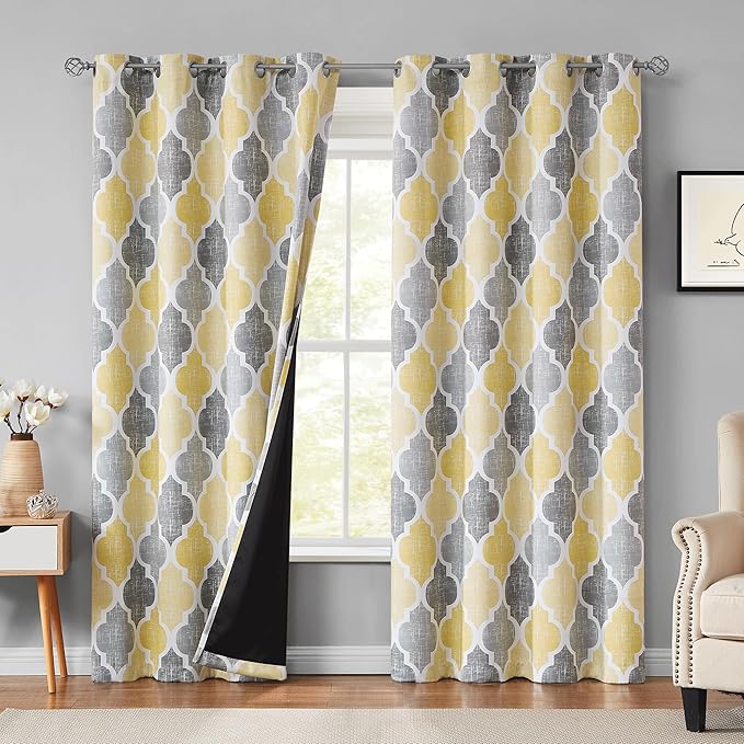 Beauoop 100% Blackout Curtains 90 Inches Long 2 Panels for Bedroom Living Room Yellow Grey Moroccan Geo Room Darkening Thermal Insulated Soundproof Grommet Top Window Treatments Drapes, 50x90 Set of 2