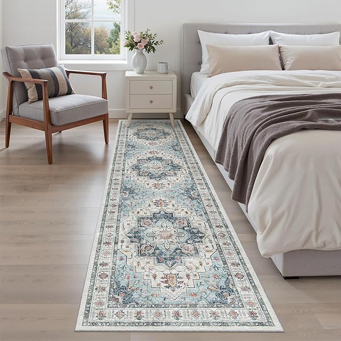 Madane Runner Rug 2x8, Washable Hallway Runner Rugs, Non-Slip Low-Pile Soft Kitchen Rug Runner Laundry Room Rug, Vintage Throw Entry Foyer Mat for Entrance Living Room (Blue, 2 x 8)