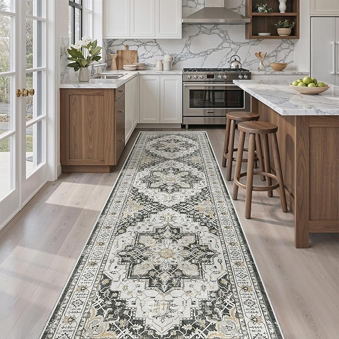 Madane Hallway Runner Rug 2'6''x10' Kitchen Runner, Non Slip Vintage Runners for Hallways Washable Kitchen Rugs Soft Low Pile 2.5x10 ft Rug Runner for Laundry Room, Entryway and Bedroom, Black