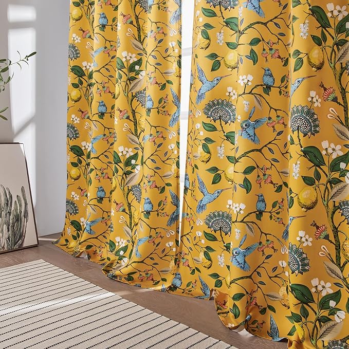94 Inches Long Custom Satin Window Treatments,Retro Art Deco Floral Hummingbird Patterned Pretty Elegant Mustard Yellow Light Blocking Grommet Curtains Two Pages Curtains for Bedroom Playroom Room