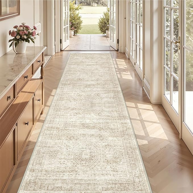 3x10 Runner Rug Non Slip Washable for Entryway, Vintage Hallway Runner for Front Porch, Laundry Room, Bedroom, Abstract Stain Resistant Thin Indoor Kitchen Mats for Floor(3'x10', Beige/Ivory)