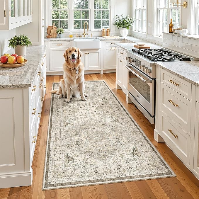 Madane Hallway Runner Rug 3x6 - Washable Kitchen Rugs Entryway Rug Runner Vintage Soft Floor Mat Non Slip Indoor Farmhouse Carpet for Bathroom Living Room Bedroom (3 X 6, Ivory/Brown)