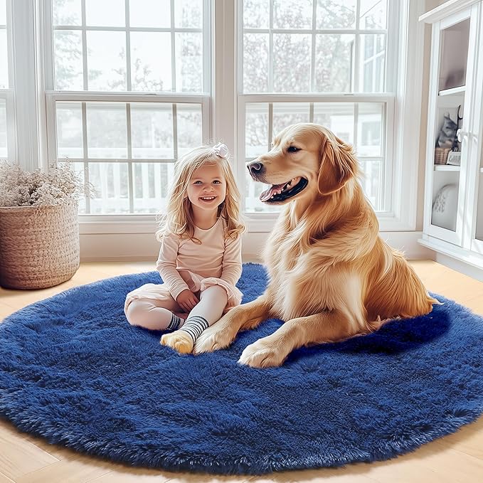 ONASAR Navy Blue Round Rugs 6ft for Living Room Bedroom, Fluffy Circle Area Rug for Kids Girls Boys Teen, Soft Plush Shaggy Carpet for Nursery Dorm Classroom Playroom Home Decor Aesthetic