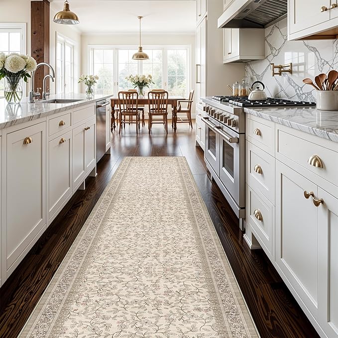 TOPRUUG 2x12 Washable Runner Rug - 12ft Runners for Hallway Non Slip Kitchen Rugs Soft Low Pile Carpet for Bedroom Bathroom Entryway - Stain Resistant Vintage Home Decor (Floral/Beige, 2X12)