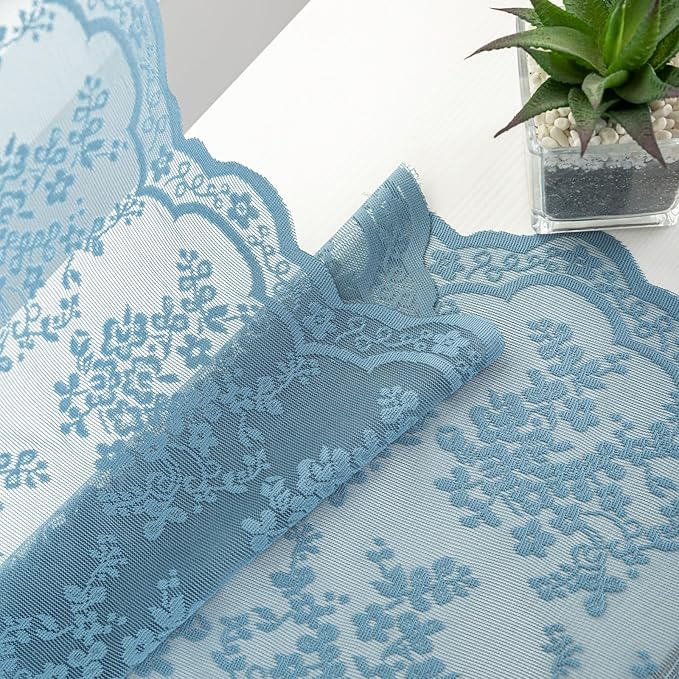 YJ YANJUN Vintage Lace Curtains 72 Inches Long 2 Panels Antique Boho Slate Blue Sheer Curtain for Playroom Living Room Bathroom Rod Pocket Semi Sheer Privacy Drapes W52 X L72 Dusty Grey Blue Denim