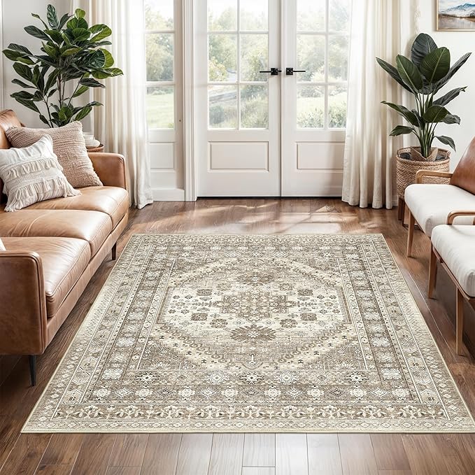 3x5 Washable Area Rug for Entryway, Kitchen Rugs Non Slip for Dining Room, Vintage Floral Soft Living Room Rug, Thin Area Rug Indoor for Bedroom, Kids Room Decor(Brown,3'x5')