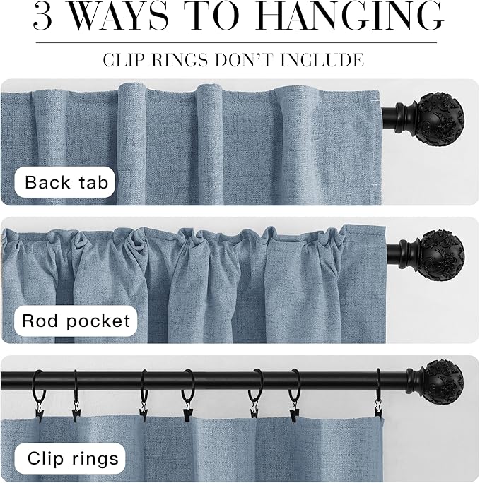 RYB HOME Smoky Blue 100% Blackout Linen Curtains 72 inch Long, Thermal Insulated & Privacy Assurd Drapes for Bedroom/Office/Nursery, Rod Pocket & Back Tab Window Treatment, W52 X L72, 2 Panels