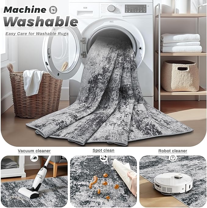 Area Rugs 6x9 for Living Room: Washable Rug Modern Abstract Neutral Soft Non-Slip Low-Pile Indoor Carpet for Bedroom Dining Room Playroom Home Office (Black Grey, 6'x9')