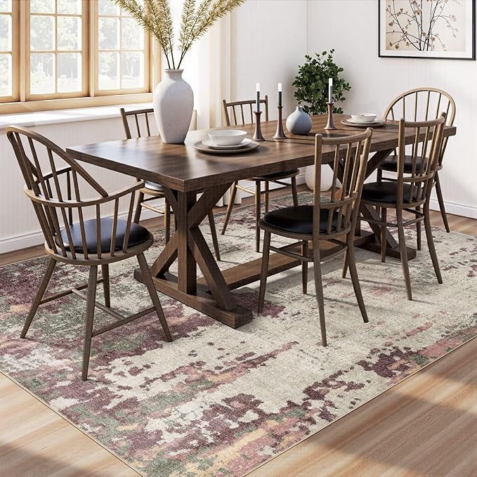 UERMEI 9x12 Area Rug Living Room Rugs - Washable Neutral Modern Abstract Soft Thin Rug Indoor Floor No Slip Rug Carpet for Bedroom Under Dining Table Home Office Decor - Purple/Green/Beige