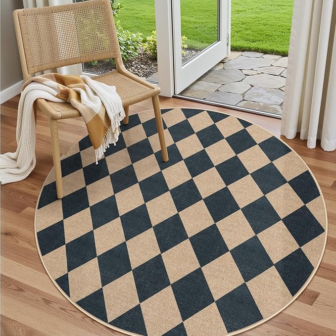 Lahome Colette Checkered Round Rugs 6ft, Washable Easy Jute Circle Patio Rug Indoor Outdoor Rugs for Living Room, Farmhouse Natural Round Area Rug Contemporary Carpet for Entryway Backyard